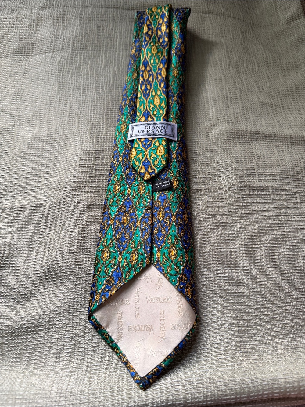 Versace Green, Blue & Gold Silk Tie with Baroque Motif